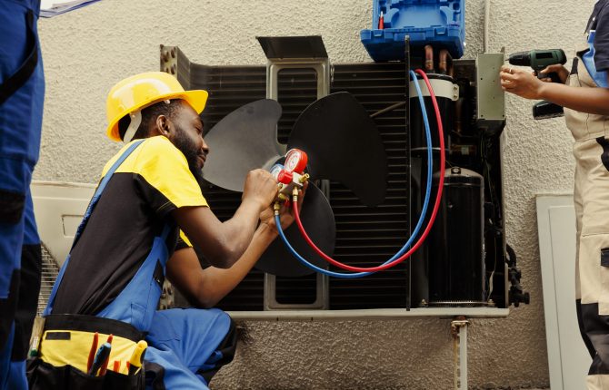 Proficient worker expertly refilling refrigerant in HVAC system while using barometer gauges to correctly measure the pressure in condenser, ensuring right cooling performance